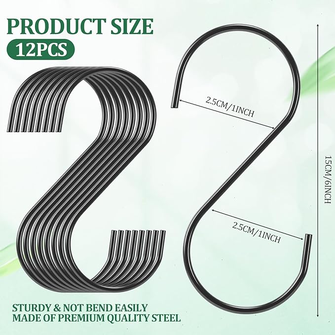 12 Pack 6 Inch Black S Hooks for Hanging Pots and Pans, Vinyl Coated Metal Kitchen Pot Rack Hooks Heavy Duty Hangers for Closet Jeans Utensils Coffee Mugs Plants