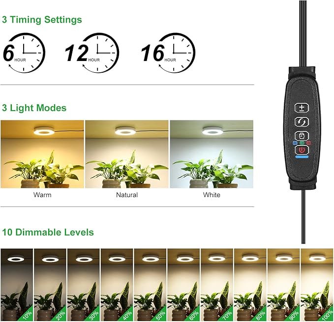Ceiling LED Plant Growth Lights for Indoor Plants, Warm+White Full Spectrum 3.54" Grow Lamps for Plant Growth with 6/12/16H Timer, 3 Spectral Modes, 10 Dimmable Levels, Halo Angel Ring White (2 Head)