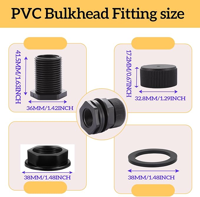 PVC Garden Hose Bulkhead Fitting With Plug, 1/2" Female NPT, 3/4" Male GHT (garden Hose Thread), For Rain Barrels, Aquariums, Sinks，2 Pack