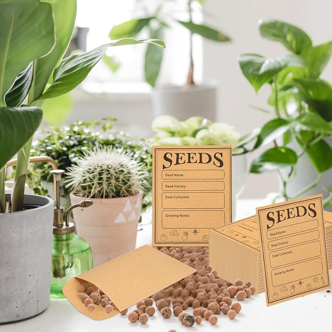 150pcs Seed Saving Envelopes, 4.7x3.1 Inch Reusable Seed Kraft Storage Organizer Packets Envelopes Printed with Types Name Template for Flower Vegetable Plants Garden Seeds Saving & Collecting