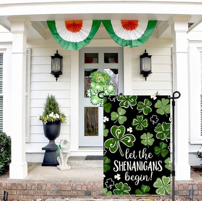 St Patricks Day Garden Flag 12x18 Inch Double Sided Outside, Let the Shenanigans Begin Shamrock Outdoor Yard Flag Green Lucky Clover Holiday Decoration