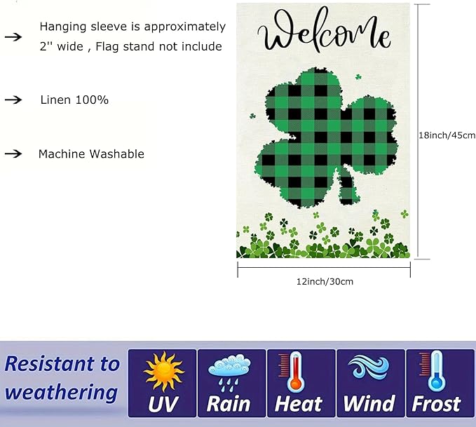 Welcome St Patricks Day Shamrock Garden Flag 12 x 18 inch Double Sided Outside decorations,Spring Small Garden Flags For Outdoor Yard Lawn