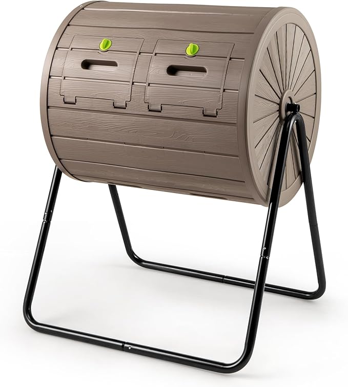 Goplus Compost Tumbler, 37.5 Gallon Large Outdoor Compost Bin w/Dual Chambers, 2 Lockable Doors, Efficient 360° Rotating Batch Composter for Garden Yard Farm Waste, Easy Assembly, BPA-Free (Coffee)