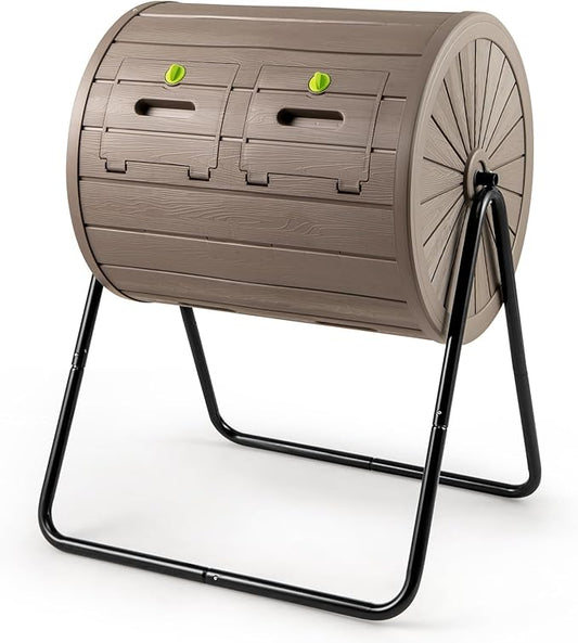 Goplus Compost Tumbler, 37.5 Gallon Large Outdoor Compost Bin w/Dual Chambers, 2 Lockable Doors, Efficient 360° Rotating Batch Composter for Garden Yard Farm Waste, Easy Assembly, BPA-Free (Coffee)