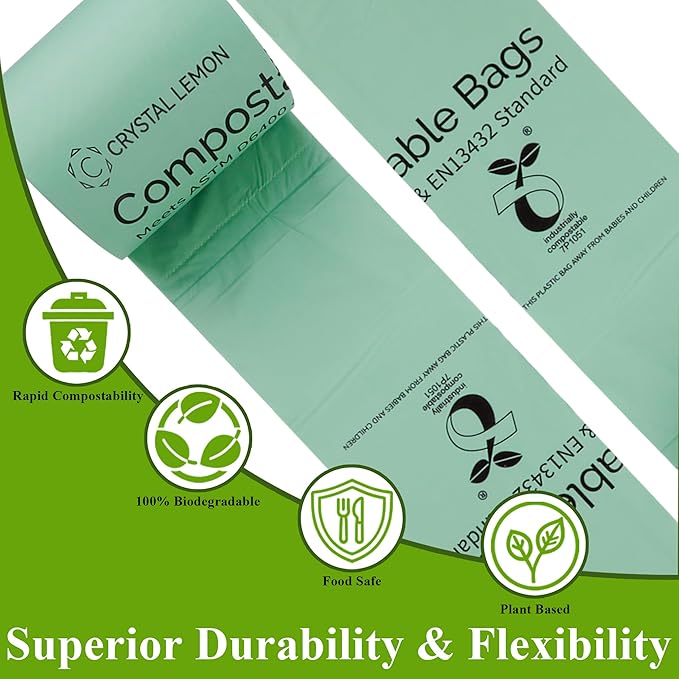 C Crystal Lemon 50 Count Biodegradable Kitchen Food Waste Bags - 6 Gallon Scraps Bags - Heavy Duty Compostable Waste Bags for Kitchen - Unscented Trash Bags 6 Gallon for Yard, Food (Pack of 2)