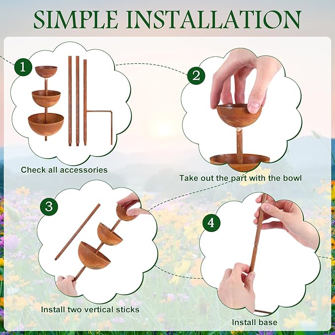 LemonRoad 2 Pack Rusty Metal Bee Watering Station 3 Tiered Bowl Shaped Butterfly Water Feeder Bee Bath Water Catcher Cup Garden Stakes for Small Insects Outdoor Garden Decor(Brown,Bowl)