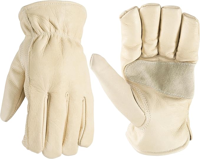 Wells Lamont Leather Work Gloves for Men – Grain Cowhide, Reinforced Palm – Ideal for Construction, Farming, Ranching – Ergonomic Fit, Keystone Thumb, Elasticized Wrist – Beige, XXX-Large (1130XXX)