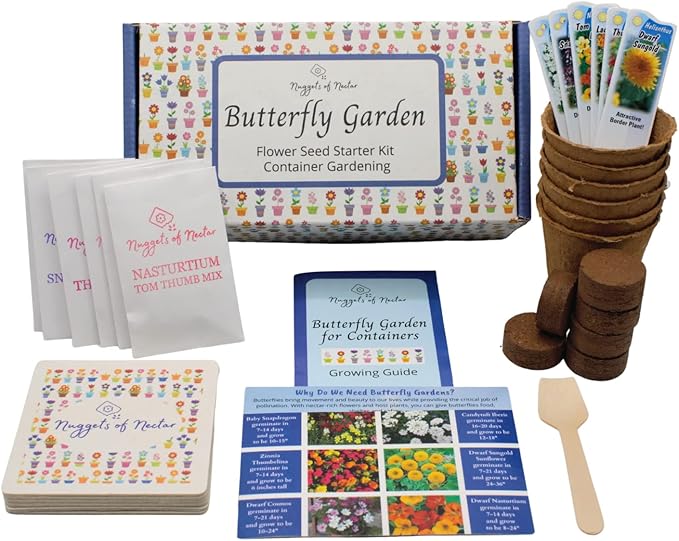 Butterfly Garden Flower Seed Starter Kit- Grow 6 Types of Wildflower Seeds Sized for Flower Pots- Nasturtium, Zinnia, Cosmos, Dwarf Sunflower, Baby Snapdragon and Candytuft
