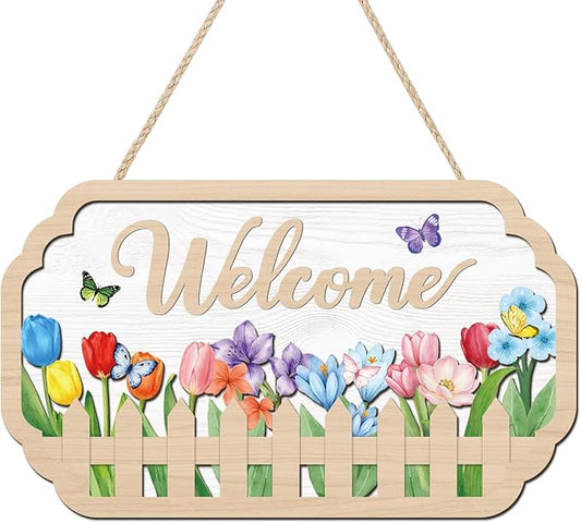HOURIA 3D Welcome Front Door Sign (11.4”x7”),Floral Butterfly Garden Sign,Colorful Tulip Flower Wreath Sign,Spring Summer Decorations for Home Office Indoor Outdoor