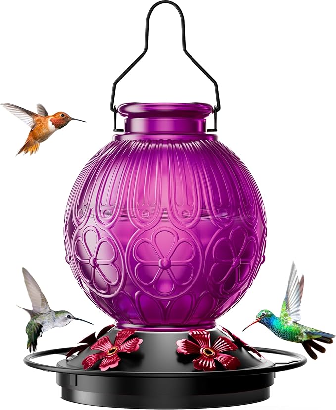 26Oz Hummingbird Feeder for Outdoors, Vintage Glass Bird Feeder with Perch, Durable & Easy to Clean, Hanging Nectar Feeder for Garden, Yard, Deck – Gifts for Women Mom (Violet)