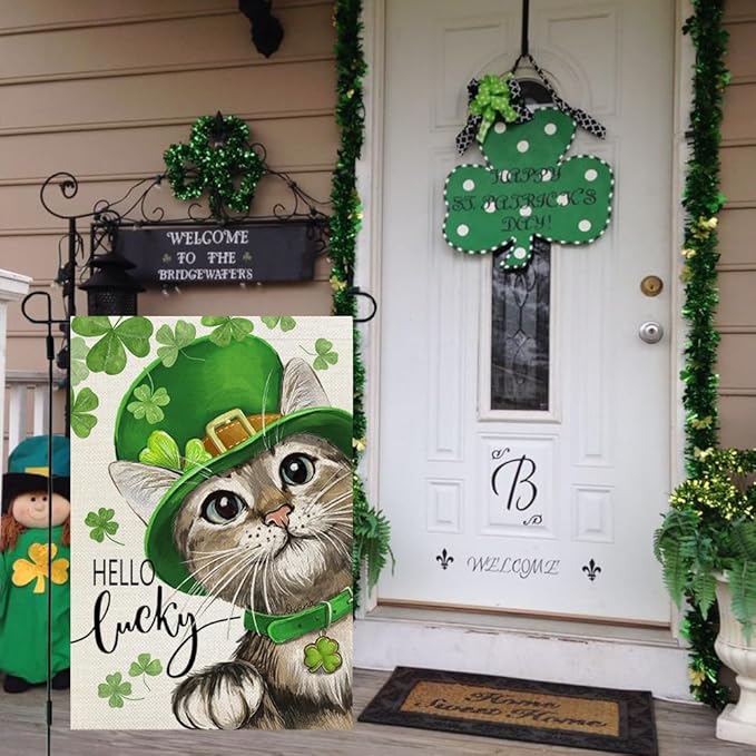 CROWNED BEAUTY St Patricks Day Cat Garden Flag Lucky Shamrock 12x18 Inch Double Sided for Outside Small Burlap Clovers Holiday Yard Flag