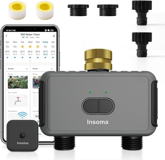 WiFi Water Timer for Garden Hose with Brass Inlet,Smart Hose Timer with WiFi Hub, APP & Voice Control,Up to 20 Watering Plans, 2-Zone Sprinkler Drip Irrigation System Controller for Yard Lawn Watering