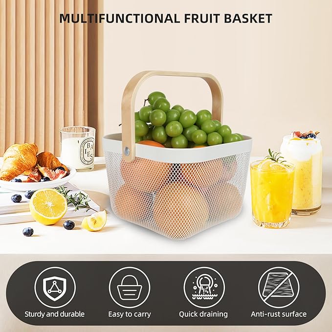 Mesh Steel Harvest Basket with Wood Handle,Hanging Kitchen Baskets Outdoor Basket,Harvest Basket for Garden Vegetables,For Shopping Garden Kitchen Bathroom Home(White)