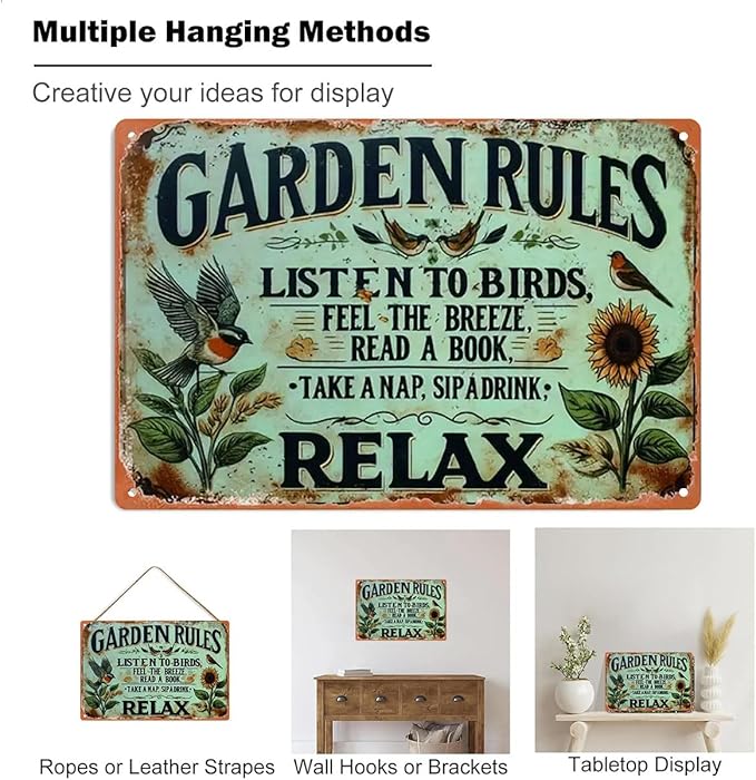 Garden Signs Vintage Metal Sign - Garden Rules Retro Gardening Signs for Outside Home Gardening Greenhouse Yard Outdoor Decor 8x12 Inch