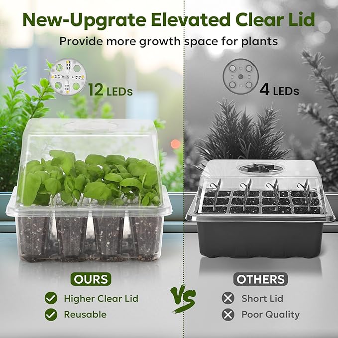MIXC Seed Starter Kit with Grow Light, Elevated Seedling Tray Kit with Adjustable Humidity Dome and Clear Cell Tray, 12 Full Spectrum Led Beads for Seed Starting Greenhouse, 6 Pack, Transparent