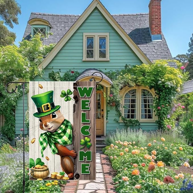 Spring St Patricks Day Garden Flag 12x18inch Double Sided Burlap The Squirrel Lucky Shamrock Garden Flags Happy St. Patrick's Day For Outdoor Yard Patio Lawn Decor,Green Hat with Clovers Gold Coin Pot Welcome Outside Decorations Banner