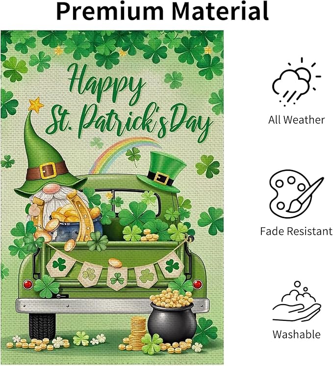 12x18 Inch St Patricks Day Garden Flag Double Sided, Gnome & Clovers Yard Flag for Outdoor Decoration