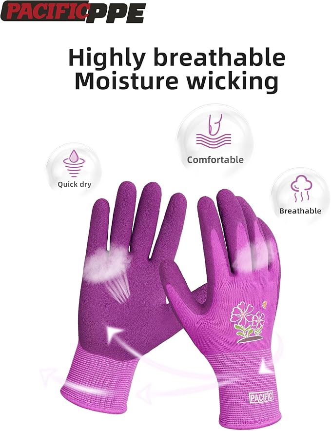 PACIFIC PPE 2 Pairs Gardening Gloves for women and Ladies, Rubber Coated Garden Gloves, Outdoor Protective Work Gloves, Small, Purple