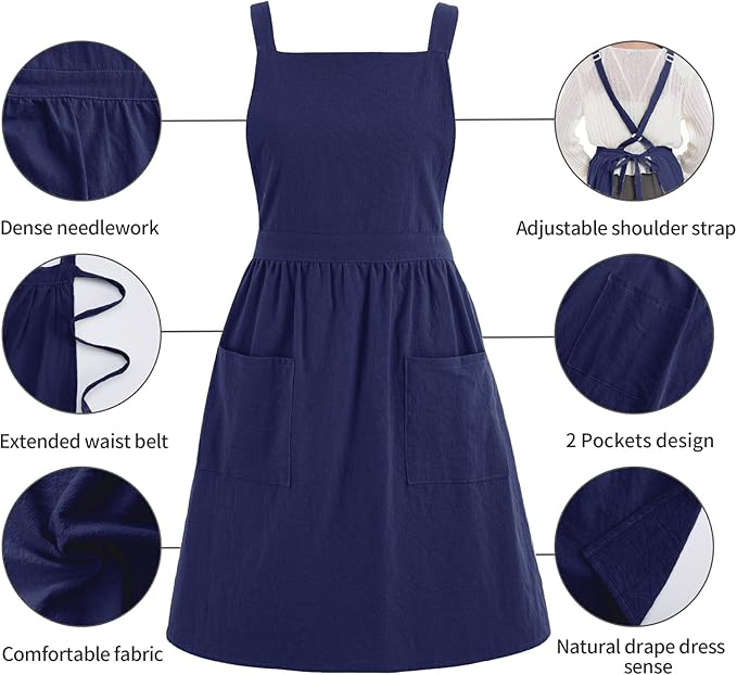 Cotton Linen Pinafore Apron Dress for Women with Pockets Cute Art Chef Aprons for Kitchen Baking Gardening Painting