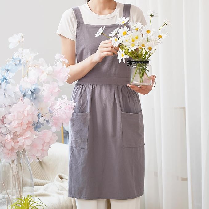 Cotton Linen Pinafore Apron Dress for Women with Pockets Cute Art Chef Aprons for Kitchen Baking Gardening Painting