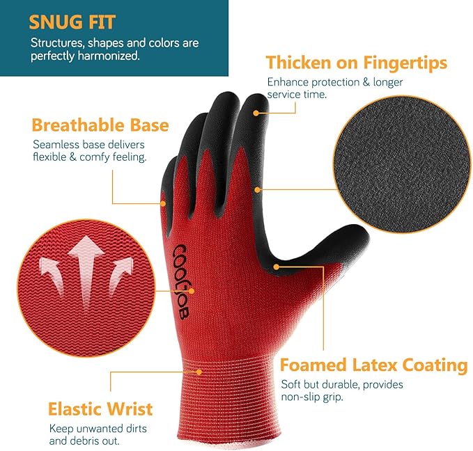 COOLJOB Gardening Gloves for Men, 6 Pairs Breathable Rubber Coated for Garden Weeding Landscaping, Outside Work for Lawn Yard, Men's Large Size, Black & Red