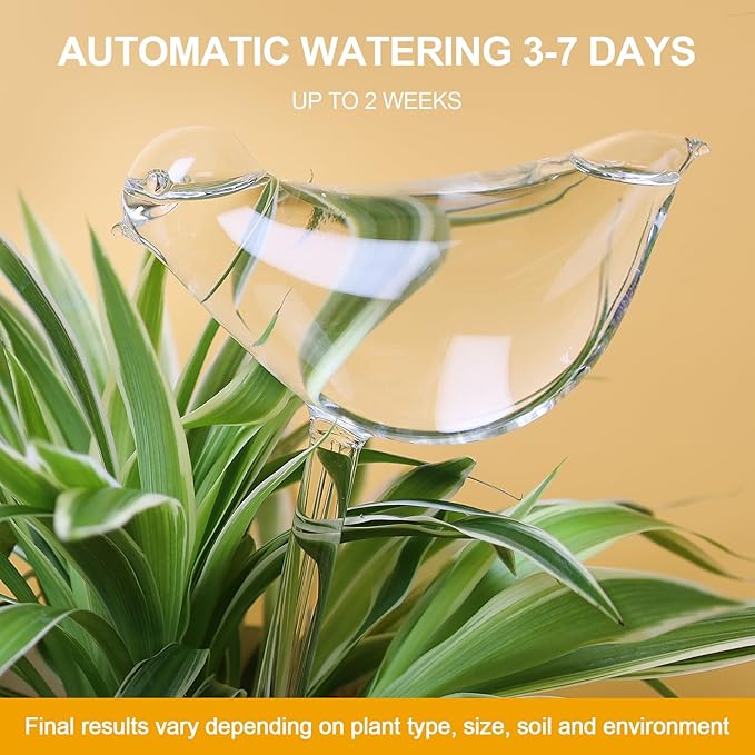 KiKiHeim Plant Watering Globes Self Watering Planter Insert Spikes Drip Devices, Clear Glass Automatic Water Bulbs for Outdoor&Indoor Plants, 2 Birds