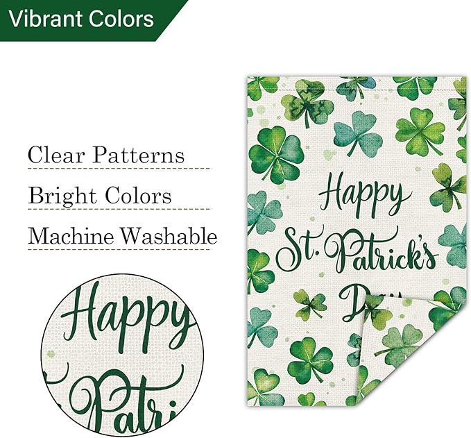 Louise Maelys Happy St Patrick's Day Garden Flag Shamrock Clover 12x18 Inch Double Sided Watercolor Small Burlap Welcome Saint Patricks Spring Holiday Yard Outdoor Sign Outside House Decor