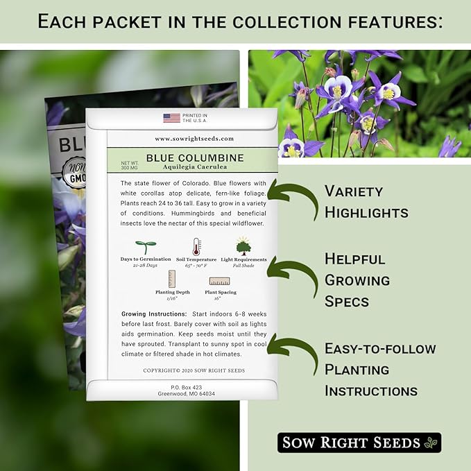 Sow Right Seeds - Columbine Flower Seed Collection for Planting - Blue and McKana Giants Flowers to Plant in Your Garden - Non-GMO Heirloom Seeds - Seed Kit Attracts Pollinators - Great Gift