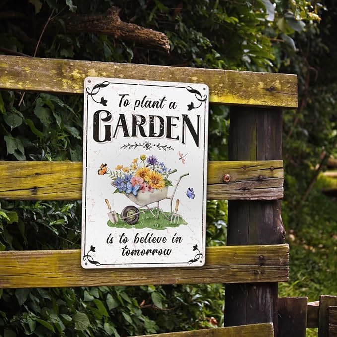 Vintage Tin Sign - 'Plant A Garden' for Home, Greenhouse - 12"x8"
