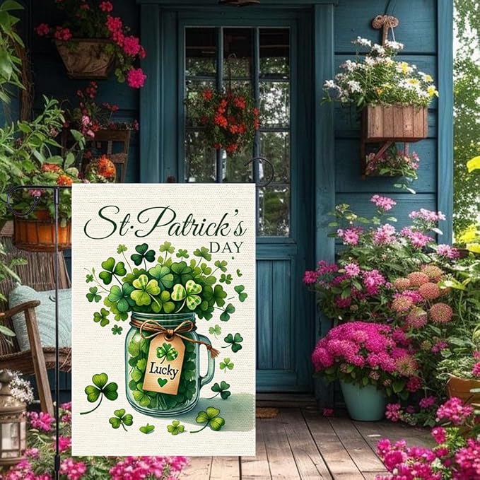 Welcome Lucky Clover St Patricks Day Garden Flag 12x18 Inch Double Sided Burlap, Mason Jar Yard Lawn Outdoor Irish Clover Seasonal Holiday Flags Decorations