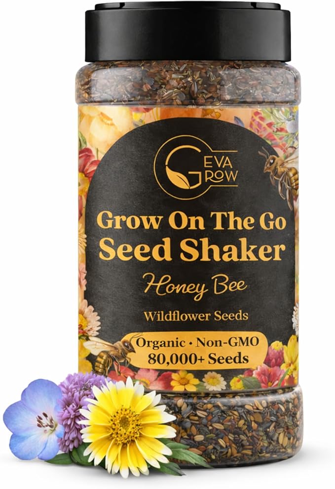 Mini Wildflower Seed Shaker – Honey Bee Wildflower Mix, by GevaGrow | Bulk 90,000+ Seeds | Pollinator Bee Attracting Flower Seeds for Planting in Pots & Outdoor Gardens | No Messy Packets
