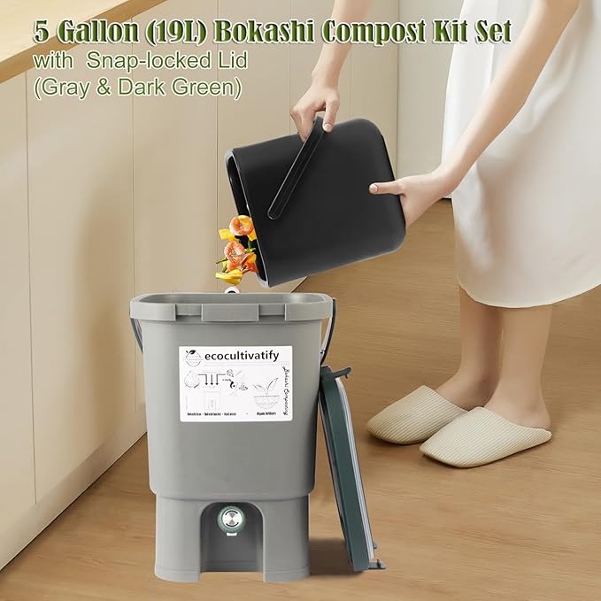 18.8L Bokashi Bucket with Snap-Locked Lid, 5 Gallon Compost Bin, Kitchen Composter with Bran, Kitchen Compost Pail, ecocultivatify Bokashi Kit Set with Starter (Grey & Dark Green)