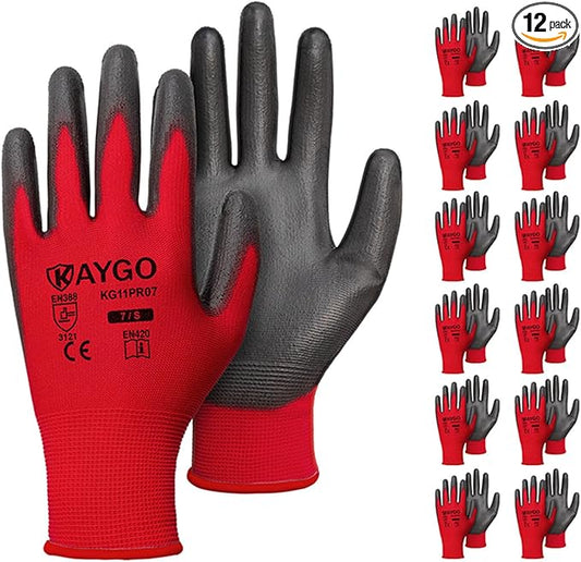 KAYGO Work Gloves for Men and Women,12 Pairs Seamless Knit PU Coated Safety Gloves, with Smooth Grip on Palm and Fingers, Ideal for Light Warehouse, Manufacturing, Gardening, KG11P (S, Red)