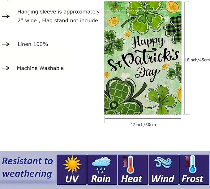 Happy St Patricks Day Shamrock Garden Flag 12 x 18 inch Double Sided Outside decorations,Spring Small Garden Flags For Outdoor Yard Lawn