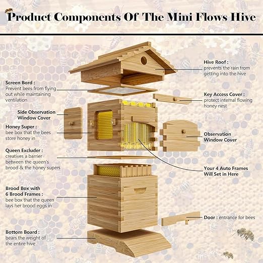 Beehive Starter Kit, Bee Hive for Beekeeping,Complete Bee Box with Observation Window & Honey Spout,Includes Carpenter Bee House for Garden Pollinators