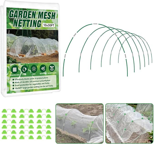 Garden Netting Kit for Raised Beds, 10x30FT Ultra Fine Mesh Netting ＆6 Sets Fiberglass Garden Hoops, Insect Netting for Garden Plant Row Cover Vegetable Flowers Protection Barrier