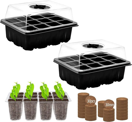 Zeedix 2 Set Seed Starter Tray Kits with Soil, 2 Pack Seed Trays with 30 Pack Coco Coir Pellets, Adjustable Humidity Germination Tray with Dome Lids for Indoor Plants, Greenhouse for Vegetables Garden