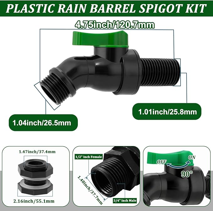 Plastic Rain Barrel Spigot Kit - High Flow Water Barrel Faucet with Bulkhead Fitting, 3/4" NPT to 3/4" GHT Leak-Proof Rain Barrel Spigot with Seal Tape & Gasket for Water Tank, Garden Barrel
