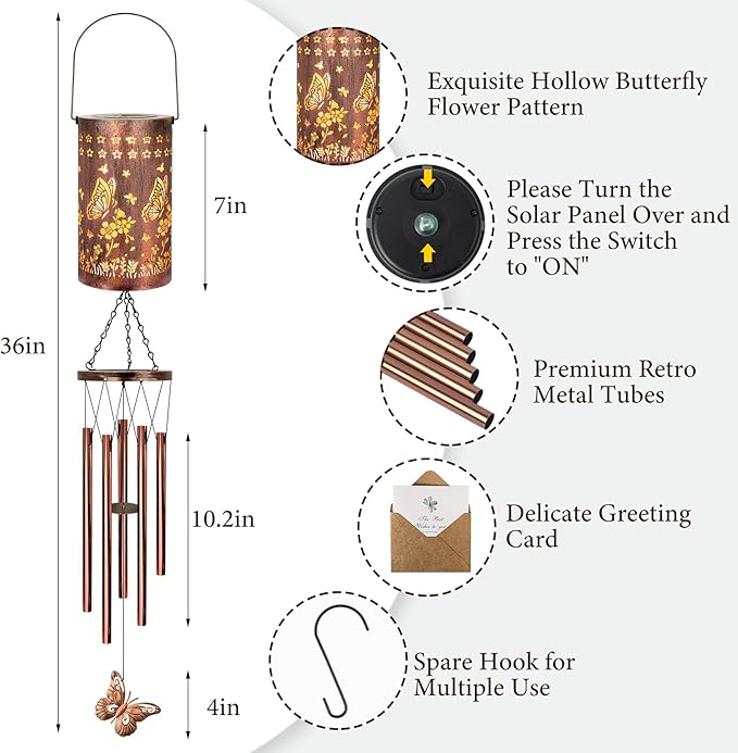YHmall Butterfly Solar Wind Chimes for Outside, Butterfly Birthday Gifts for Women, Men, Solar Lanterns Windchimes Outdoors, Metal Wind Chime for Home Garden Outdoor Yard Decor