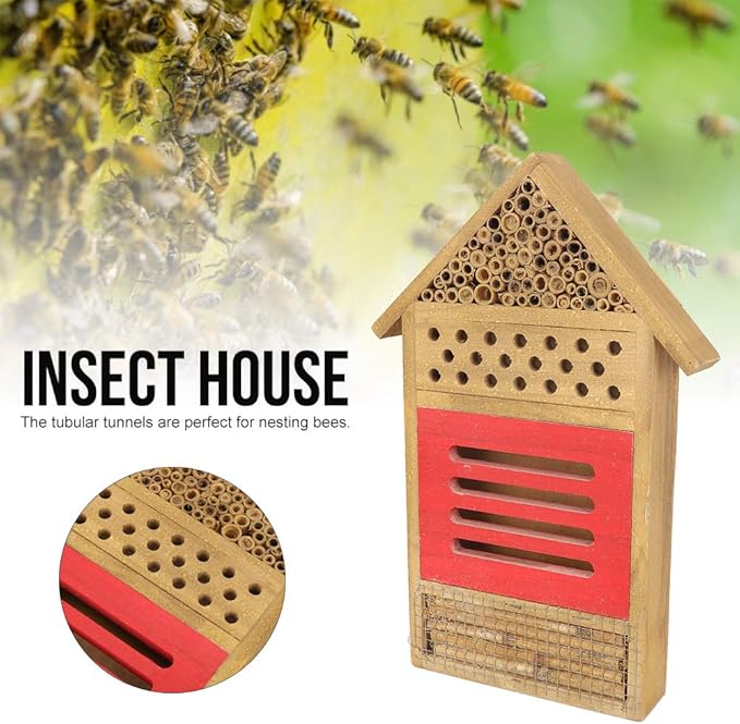 AUNMAS Wooden Bee House, Attracts Pollinators with Tubular Tunnels, Durable Platane Wood Garden Decor, 19.5x3.8x29.8cm Humidity for Bees