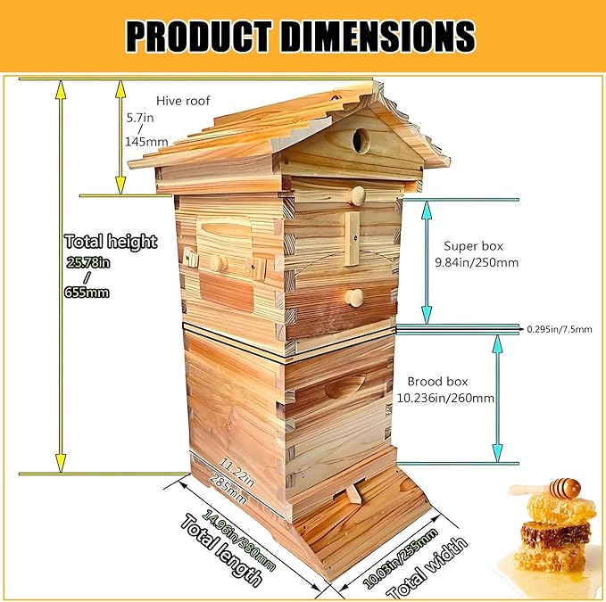 Complete Beekeeping Starter Kit，Professional Beekeeping Hive ，with Observation Window & Honey Spout,Ventilated Design， for Beekeeping,Garden Pollinators