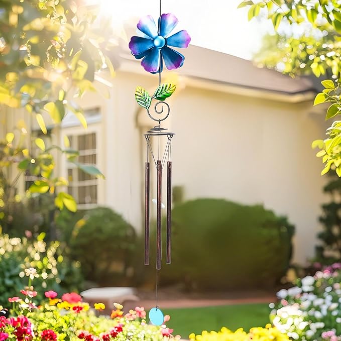 MUMTOP Wind Chimes for Outside Clearance - Garden Wind Chimes with Flower Wind Spinner, 33 Inch Deep Tone Metal Memorial Sympathy Windchimes for Patio Outdoor Porch Yard Decor Gifts(Blue)