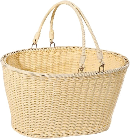 MYCENSE Wicker Picnic Storage Basket with Foldable Handle, PP Woven Empty Picnic Baskets, Sturdy Iron Wire Frame, Versatile Harvest Basket for Camping, Beach, Park, Halloween, C 40x30x20cm