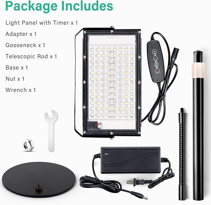 LBW Grow Light for Indoor Plants, 96 LED Full Spectrum Plant Light for Indoor Plants, Large Desk Grow Lamp with 4H/8H/12H Timer, 6-Level Brightness, Height Adjustable, Flexible Gooseneck