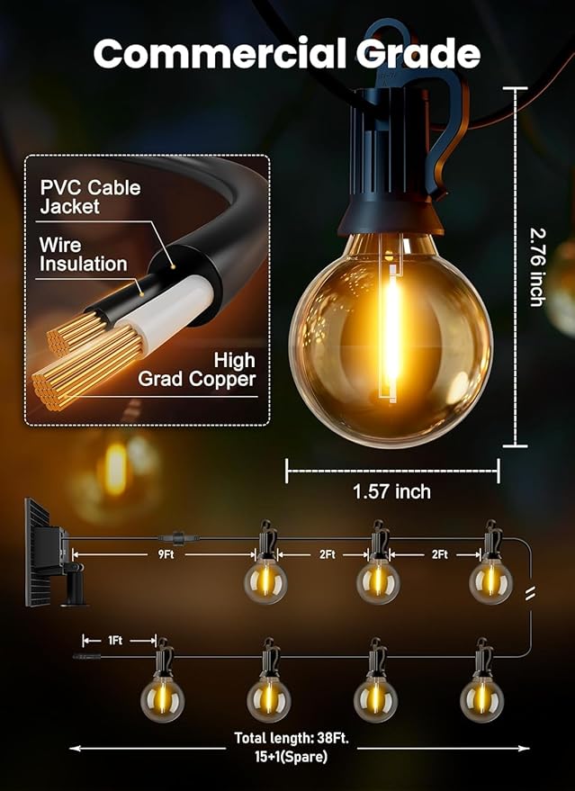 Brightown 38FT Solar String Lights Outdoor and 16 LED Shatterproof Bulbs, Dimmable & Timable, 3 Light Modes, Solar Patio String Lights Outdoor for Cafe Garden Deck Outside Wedding, No Remote Control