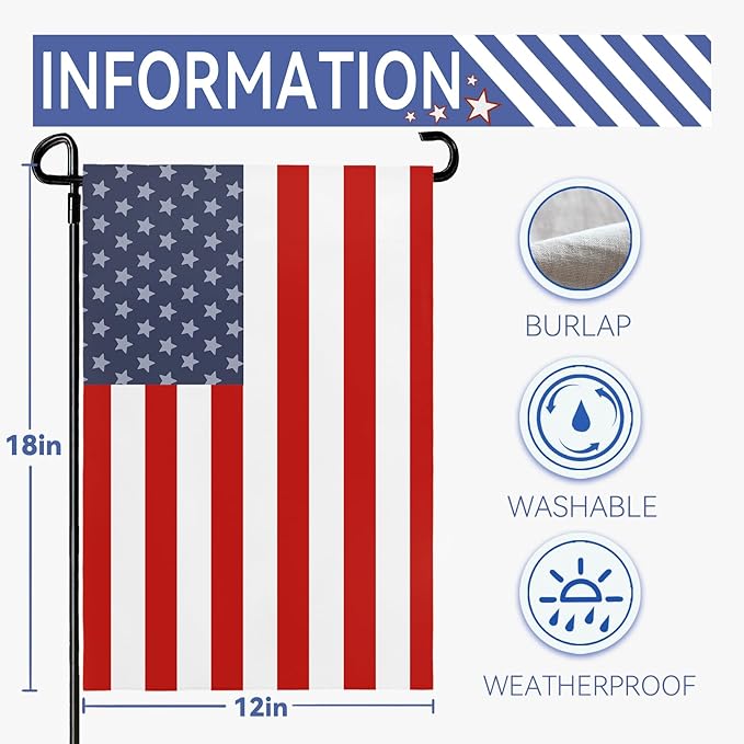 4th of July American Garden Flags 12x18 Inch Double Side Patriotic USA Independence Day Yard Flag for Outside Blue Red Decorations for Garden Party