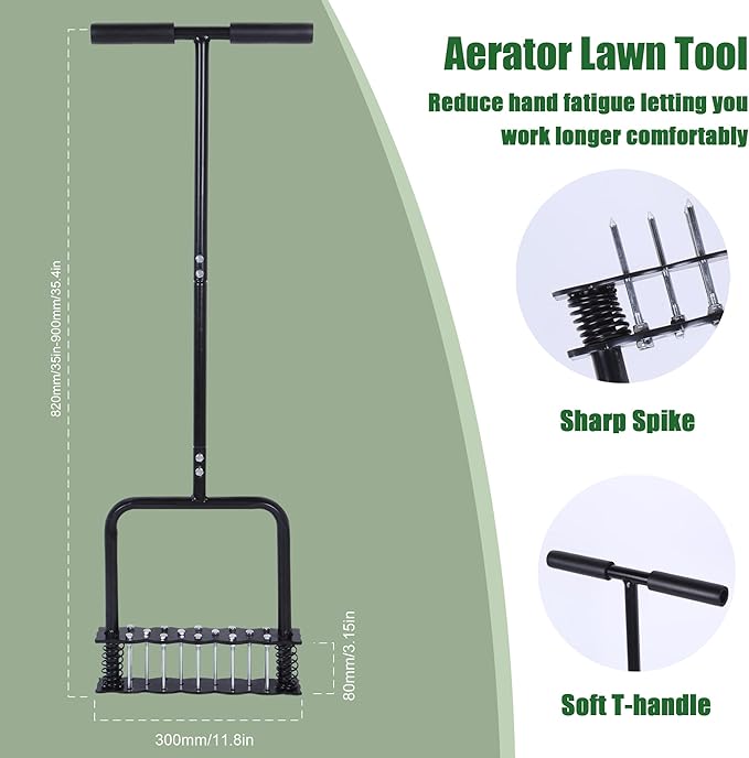 Manual Lawn Aerators with 14 Iron Spikes, Lawn Aerator Tool, Spring-Loaded Design Lawn Air Aerator Tool, Metal Manual Push Aerator, Lawn Tool for Loosening Soil Aerating Patio, Yard