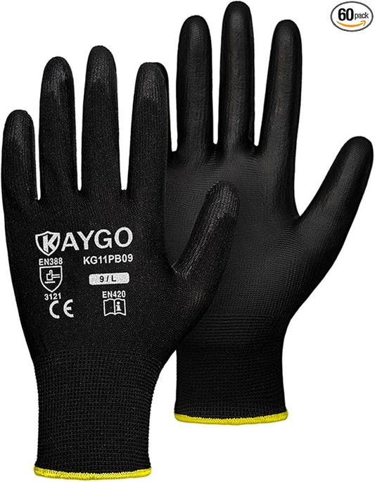 KAYGO Work Gloves for Men and Women,60 Pairs Seamless Knit PU Coated Safety Gloves, with Smooth Grip on Palm and Fingers, Ideal for Light Warehouse, Manufacturing, Gardening, KG11P (L, Black)
