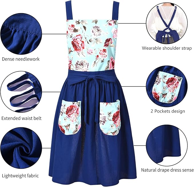 Vintage Pinafore Apron Dress for Women with Pockets Cute Floral Chef Aprons for Kitchen Cooking Baking Gardening