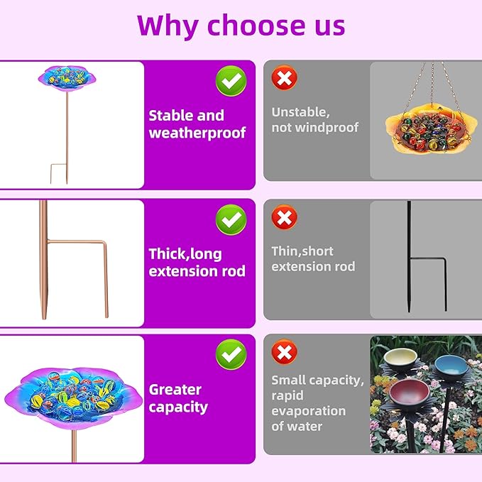 Bee Watering Station-Golden Purple Puddler Bee Bath & Feeder with Metal Stakes - 30 Glass Marbles, Vivid Flower Design, Garden Yard Decor (Purple-1PACK)